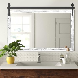 YOSHOOT Farmhouse Barn Door Mirror, 40"x26" Rustic Wood Framed Wall Mirror, Wall Mounted Vintage Mirror, Wooden Farmhouse Style for Bathroom Living Room Entryway, White, Horizontal Hanging ONLY