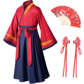 Asian Traditional Dress Kimono Robe for Kids Girls Costume Silk Folding Fans hairstick Cosplay（White Red 150cm