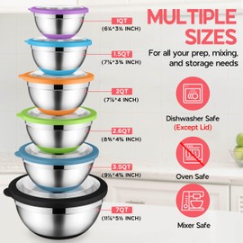 Onader Colorful Mixing Bowl Set of 6 for Kitchen, Large Stainless Steel Metal Nesting Mixing Bowls with Airtight Lids, Non Slip - Size 1, 1.5, 2, 2.6, 3.5, 7QT