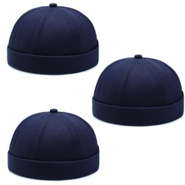 DIYDECAL 3 Pack Mens Brimless Skullcap Sailor Docker Cap Rolled Cuff Retro Beanie Hat-Navy Blue