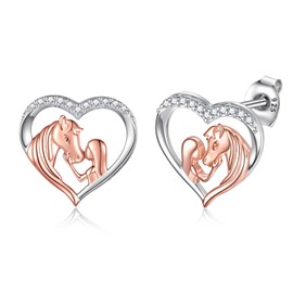 Hypoallergenic Lucky Horse Stud Earrings 925 Sterling Silver Lucky Horse in Heart earrings Embrace Horse Earrings Equestrian Birthday Gift (Rose gold)