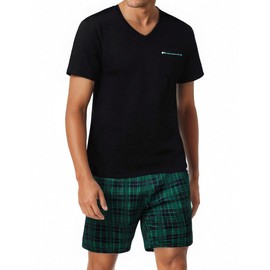 Bresdk Men's Pyjamas Short Cotton Summer Set for Men Sleepwear Checked, Black M216
