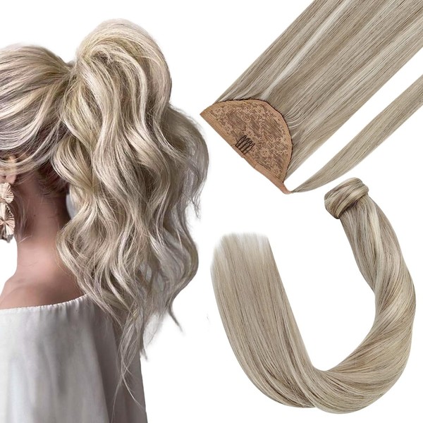 Sunny Highlights Ponytail Hair Extensions Dirty Blonde Highlights Platinum Blonde 22inch Long Human Hair Ponytail Hairpieces for Women Clip in Ponytail Hair Extensions Blonde Highlights 80g