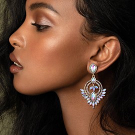 EVER FAITH Earrings Wedding Austrian Crystal Drop Rhinestone Art Deco Chandelier Earrings for Women Iridescent AB Gold Tone, Crystal, No Gemstone