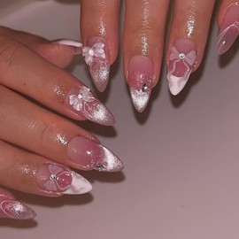 White French Tip Press on Nails Cat Eye Fake Nails with 3D Bow Rhinestones Blush Gradient Designs 24 Pcs Natural Reusable Medium Almond Acrylic Nail Full Cover Stick on Nail for Women Wedding WYFHDT