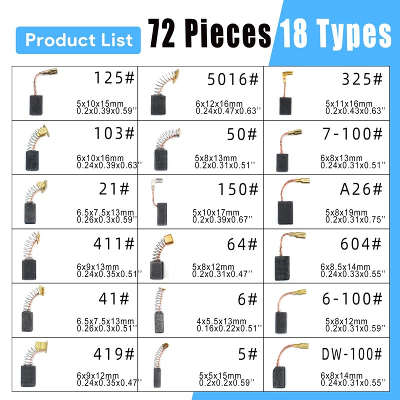 72PCS Carbon Brushes Set, 18 Sizes for Power Tools &
