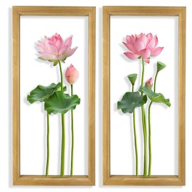 XORT 3D Metal Floral Wall Art (Set of 2), Lightweight, Ready-to-Hang Framed Flowers Wall Art for Living Room Bedroom Kitchen Bathroom Dining Room Home. (Pink-01, 7 x 16 inch, Framed)