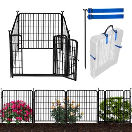 ADAVIN Garden Fencing 36 Inch High, Low Threshold Door, 4 Panels Total 9 Ft(L) Tall Garden Fence, Dog Fence Outdoor for Yard, Black Iron Metal Heavy Duty Rabbit Fence, Anti Dig Fence Barrier