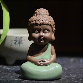 Temiry Buddha Object Cute Buddha Statue Pottery Zazen Buddha Statue Mini (Type 4, Hold Hand-Green)