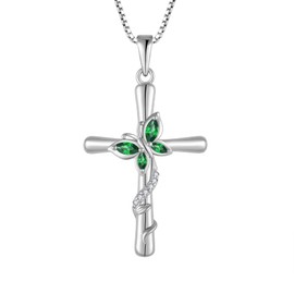 Blaniy Cross Necklace for Women 925 Sterling Silver Butterfly Necklace May Birthstone Necklace Emerald Pendant Jewelry Gifts for Women