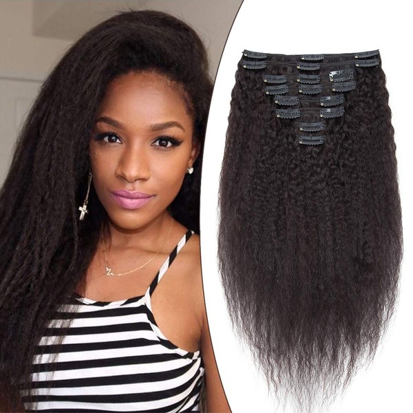 Elailite 45 cm Afro Clip-In Extensions Real Hair for Complete Hair Extensions 120 g Remy 8 Pieces Set Double Wefts 18 Clips Kinky Straight 18 Inches #1B Natural Black