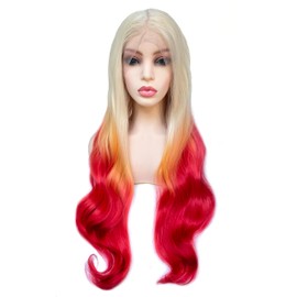 Ms Fenda Hair Ombre Color 13x4 Lace Front Synthetic Wavy Wig Heat Resistant Wig(24",T613/Yellow/Red)
