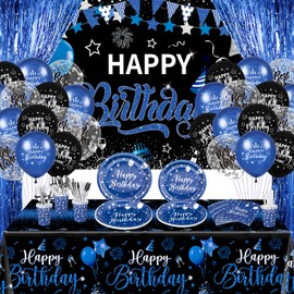 Blue and Black Birthday Decorations for Men Boys Women 131 PCS Navy Blue Birthday Party Supplies Includes Blue Black Happy Birthday Banner Balloons Tablecloth Foil Curtains Tableware Set Plates Napkin