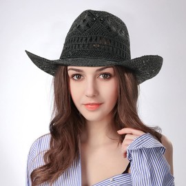 EOZY Men & Women's Summer Cowboy Cowgirl Straw Hat Hollow Out Woven Roll Up Wide Brim Hat/Black