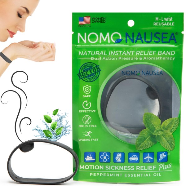 NOMO Nausea Relief Wristband | Motion Sickness Sea Band with Peppermint Aromatherapy and Acupressure | 30-Second Nausea ReliefBand | Medium to Large | Black | Pack of 2
