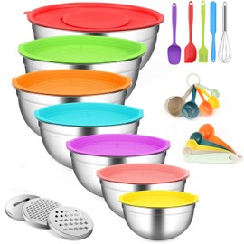 JUJOJB Mixing Bowls With Lids Set,Stainless Steel Mixing Bowls Set With 3 Grater,Metal Nesting Bowls For Kitchen Baking Refrigerator Meal Prep Food Organizer,7 Size(Multicolor)