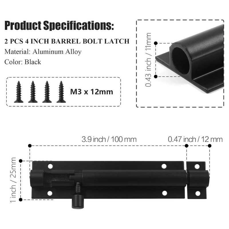 2 Pack 4" Black Slide Bolts, Heavy Duty Metal Barrel
