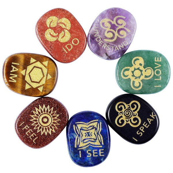 mookaitedecor 7 Piece Chakra Stones Engraved English Symbols Polished Palm Stones for Reiki Crystal Healing