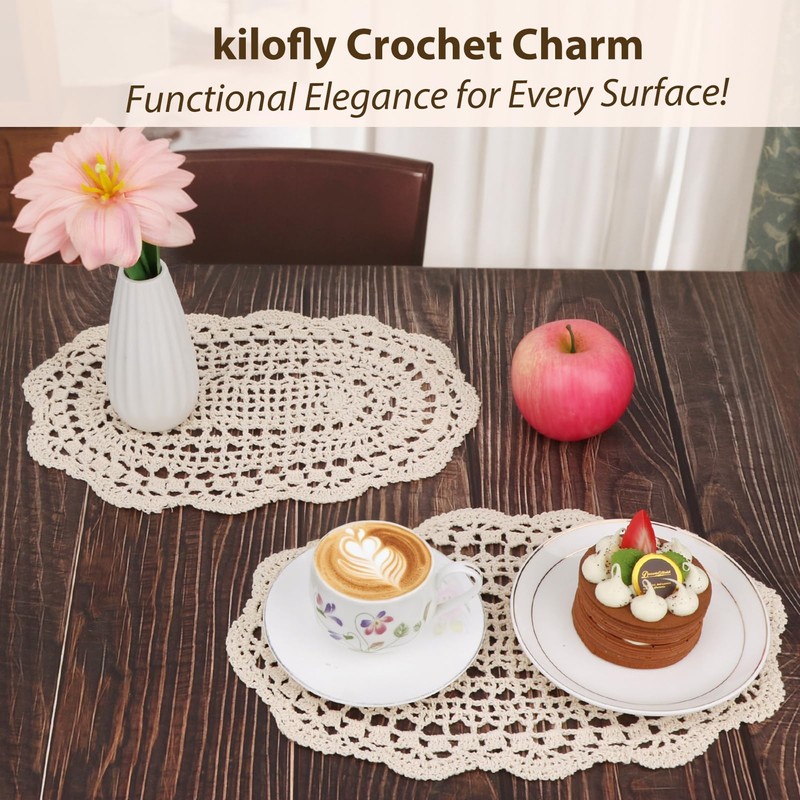 kilofly Crochet Cotton Lace Placemats Doilies 4pc, Oval, Beige, 7.8