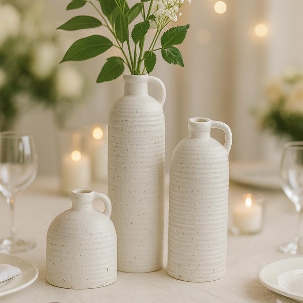 White Ceramic Vase Set of 3 with Handle – Ribbed