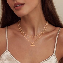 HABIKIP Gold Layered Pearl Necklaces for Women, Stackable Layering Dainty 14k Gold Plated Double Necklace Trendy Non Tarnish Stacked Wedding Pendant Necklace Set Fashion Jewelry for Women