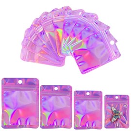 100 Pack Resealable Mylar Bags Smell Proof Bags Packaging Plastic Ziplock Bag with Clear Holographic Rainbow Window Mylar Storage Bags For Candy,Jewelry,Screw (2.36 x 3.93 inch, Holographic Pink)