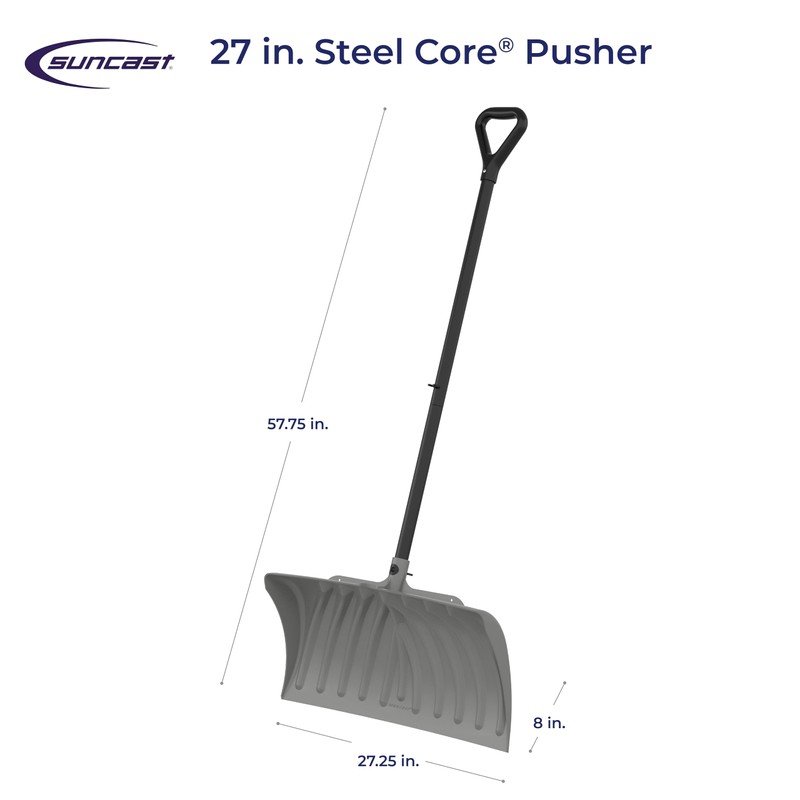 Suncast 27” Steel Core Snow Pusher with Curved Blade, D-Grip