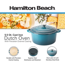 Hamilton Beach Enameled Cast Iron Dutch Oven Navy (3-Quart) | Cream Enamel Coating Dutch Oven Pot with Lid | Cast Iron Dutch Oven with Even Heat Distribution | Easy Grip to Handles & Multipurpose