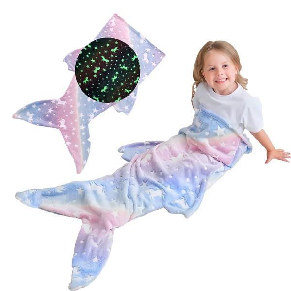 Pardofelis Mermaid Blanket for Children, Mermaid Fin Girls Blanket Glow in the Dark, Flannel Soft Warm Plush Sleeping Bag for Home Outdoor Unicorn Blanket Gifts for Girls
