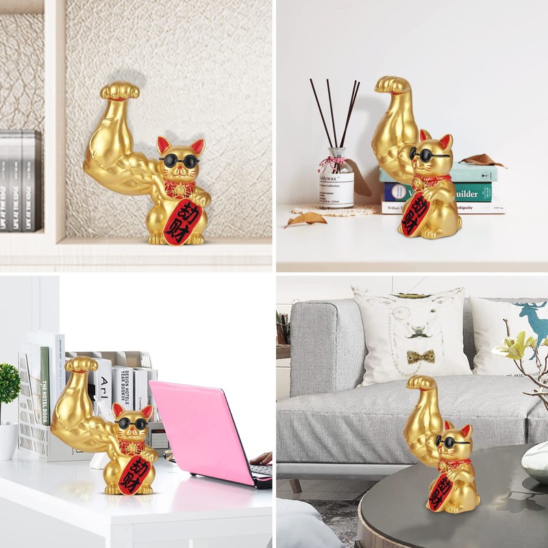 Fortune Large Lucky Cat Statue, Gold Money Cat, Waving Arm