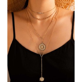 Dervivea Vintage Layered Disc Coin Pendant Necklace Disc Y Lariat Necklace Locket Coin Necklace Chain Gold Coin Y Necklace Punk Figaro Chain Necklace Jewellery for Women, Zinc, No Gemstone