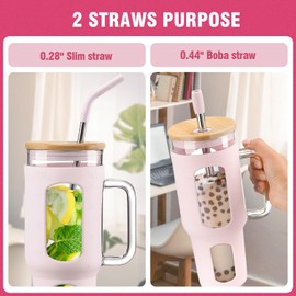 WINSA Glass Tumbler with Lid and Straw, 46 oz Iced Coffee Cup with Handle, Glass Water Bottles with Silicone Sleeve, Glass Cup with Straws - Pearl Straw & Drinking Straw BPA Free-CottonPink