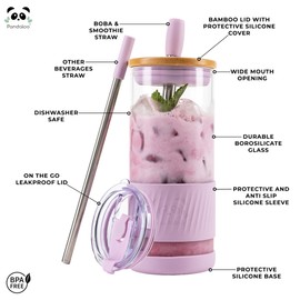 Pandaloo® Glass Cups With Lids and Straws -20 Fl Oz- Perfect Size Iced Coffee Cup - Smoothie Cup With Bamboo Lid and On the go Lid - Glass Tumbler With Straw (1 Count (Pack of 1), Lilac Rhapsody)