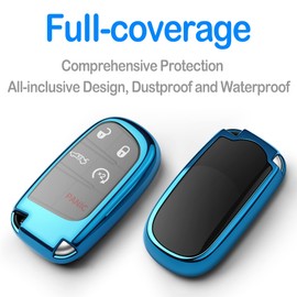 Autophone Compatible With Jeep Key Fob Cover With Leather Keychain Soft TPU Protection Key Case for Dodge Charger Challenger Dart Journey Durango Grand Caravan RAM Fiat Smart Key,Blue