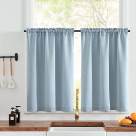 TOPICK Faux Linen Kitchen Curtains 24 Inch Length Room Darkening Rustic Textured Curtains Privacy Modern Farmhouse Half Window Curtains Set for Cupboard Bathroom Rod Pocket 2 Panels Denim Blue