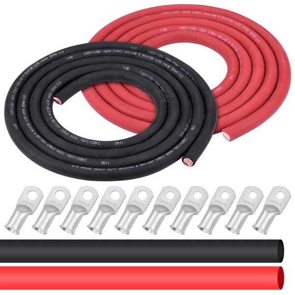 iGreely 2/0 Gauge 2/0 AWG Wire 10 Feet Black + 10 Feet Red Welding Battery Pure Copper Flexible Cable + 5pcs of 5/16" & 5pcs 3/8" Copper Cable Lugs Terminal Connectors + Heat Shrink Tubing