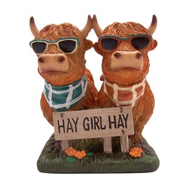 Wowser Sunglass-Wearing Cow Figurine with 'Hay Girl Hay' Sign, Unique 6-Inch Freestanding Farm Decor