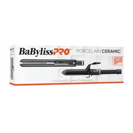 BaBylissPRO Porcelain Ceramic 1" Flat Iron and 1 1/4" Spring Curling Iron Prepack