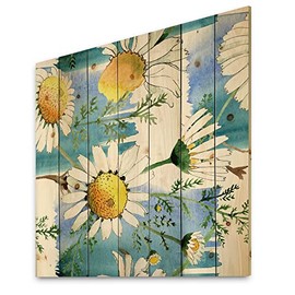 DesignQ Wild Spring Chamomile Flowers Traditional Wood Wall Decor, Blue Wood Wall Art, Large Floral Wood Wall Panels Printed On Natural Pine Wood Art