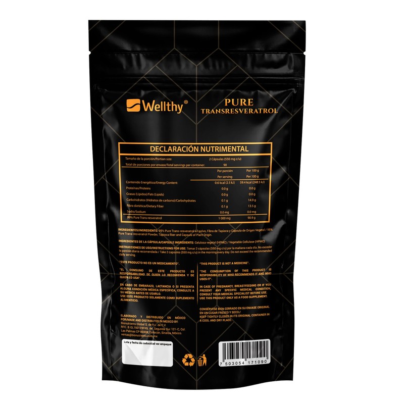 Wellthy Transresveratrol Puro 180 Cápsulas. Resveratrol de alta biodisponibilidad, 1000mg