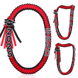 Hotop Grad Leis Class of 2025 Graduation Ribbon Double Braided Necklace Handmade Congrats Graduates Money Leis (Red, Black, White,1 Pcs)