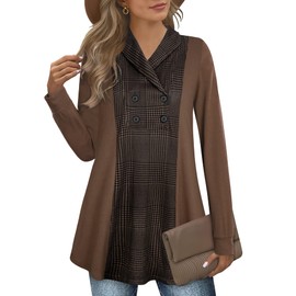 Bebonnie Tunic Sweatshirts for Women, Ladies Long Sleeve Casual V Neck Tunic Tops to Hide Belly Fat Pullover Christmas Sweaters Winter Fashion Business Casual Work Blouse Coffee Houndstooth L