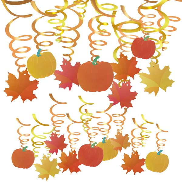 Konsait 36 Count Thanksgiving Swirl Hanging Decorations, Autumn Pumpkin Maple Leaf Hanging Swirls Decorations, Fall Themed Door Ceiling Decorations Favors Supplies for Thanksgiving Party Decor