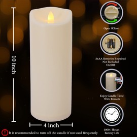 7LinRay 4" x 10" Large Outdoor Flameless Candle with Remote and Timer, Waterproof Battery Operated Flickering LED Pillar Candle for Lanterns, Ivory Plastic, 1 Pack (Battery Not Included)