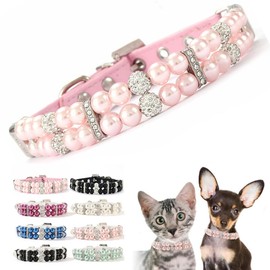 Pink Pearl Dog Collars for Small Dogs,Bling Rhinestone Crystal Luxury Beaded Puppy Necklace Fancy Pretty Cute Small Dog Collars Diamond Jewel for XXS XS Small Medium Female Girls Kitten Pet,S