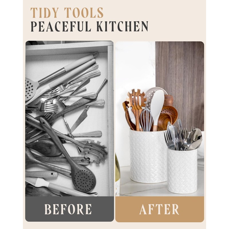 Utensil Holder - 7.1"+5.4" Ceramic Utensil Holder for Kitchen Counter,
