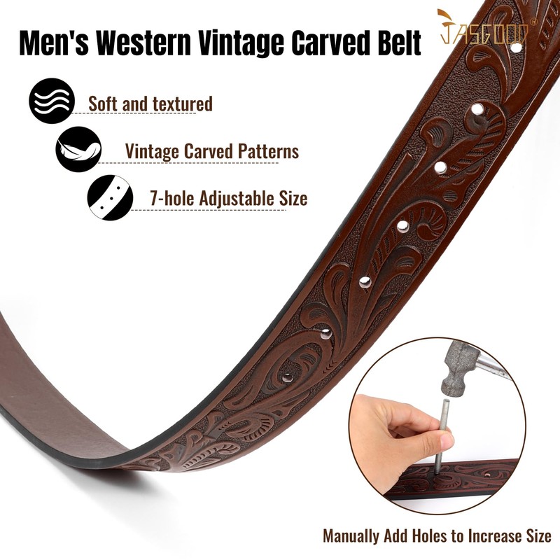JASGOOD Men's Western Leather Belt Strap Engraved Cowboy Belt without