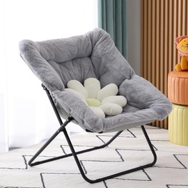 Givjoy Comfy Saucer Chair, Soft Faux Fur Oversized Folding Accent Chair, Flexible Lounge Lazy Chair for Adults Kids, Metal Frame Moon Chair for Dorm Room, Bedroom, Living Room