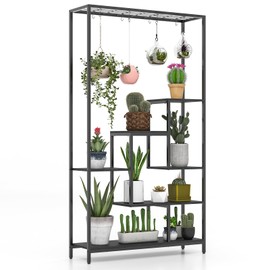Giantex 71" Tall Plant Stand Indoor, 6-Tier Metal Plant Shelf with 10 Hanging Hooks, Multiple Potted Flower Bonsai Pots Display Rack for Indoor, Balcony, Living Room (Black)