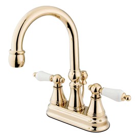 Kingston Brass KS2612PL Governor 4-Inch Centerset Lavatory Faucet with Brass Pop-Up and Porcelain Lever Handle, Polished Brass